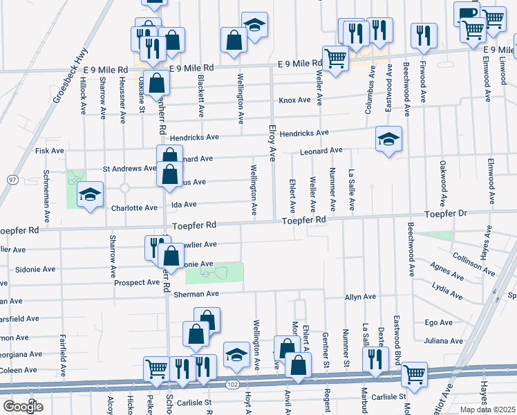 map of restaurants, bars, coffee shops, grocery stores, and more near 21740 Wellington Avenue in Warren
