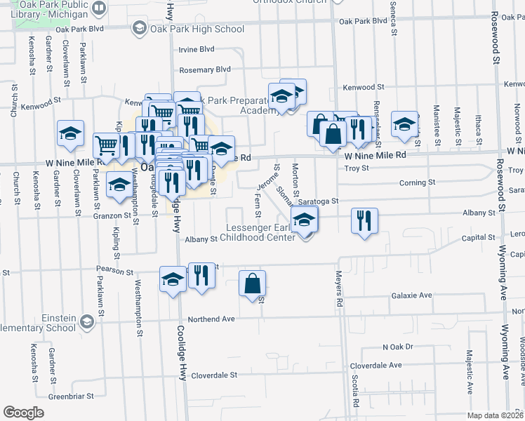 map of restaurants, bars, coffee shops, grocery stores, and more near 21970 Fern Street in Oak Park