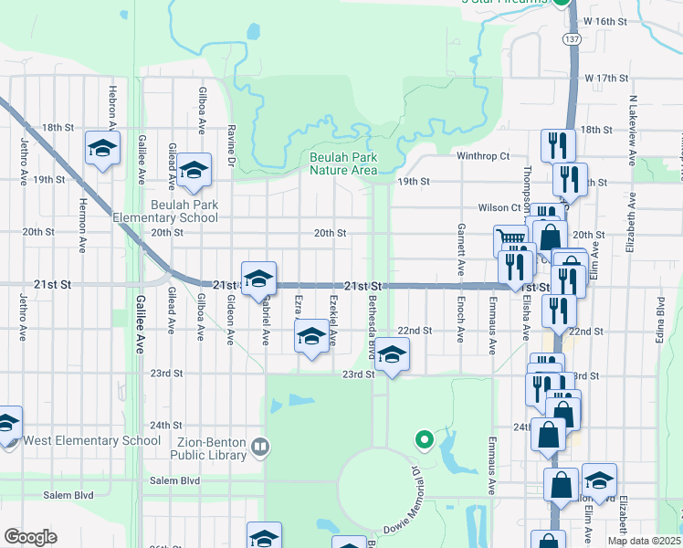 map of restaurants, bars, coffee shops, grocery stores, and more near 2039 Ezekiel Avenue in Zion