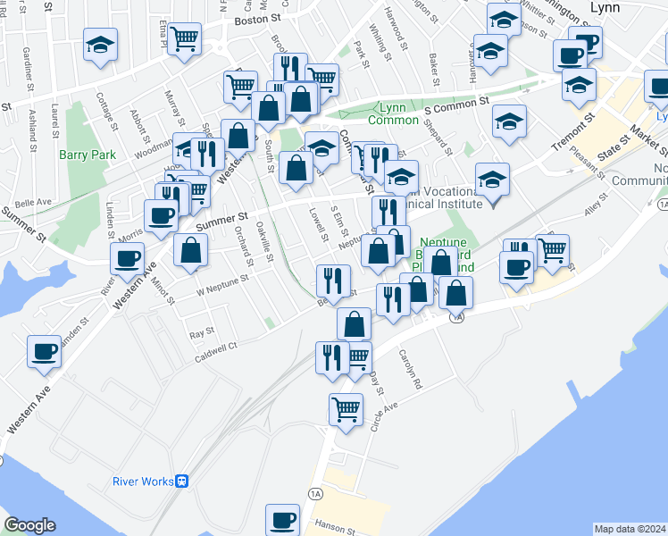 map of restaurants, bars, coffee shops, grocery stores, and more near 69 Lowell Street in Lynn