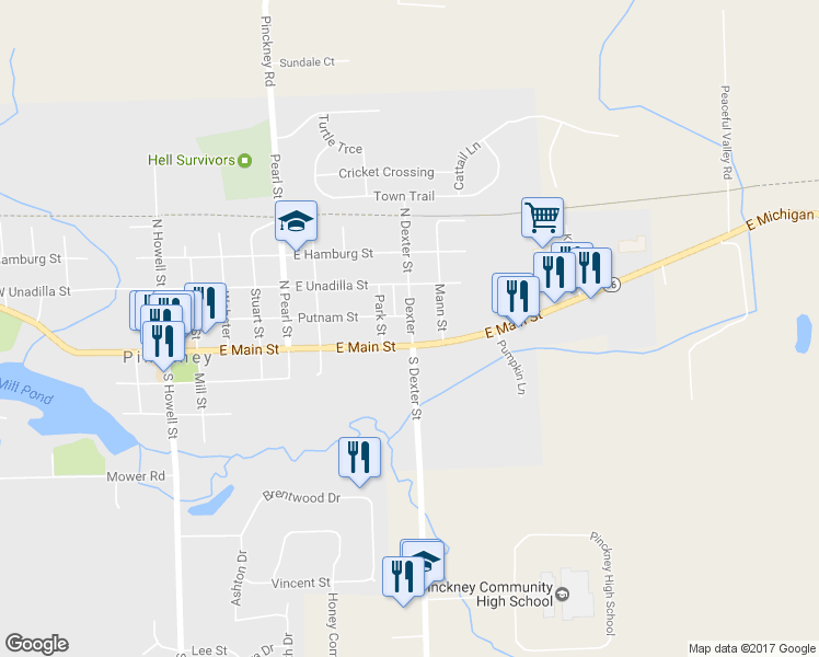 map of restaurants, bars, coffee shops, grocery stores, and more near 851 Dexter in Pinckney