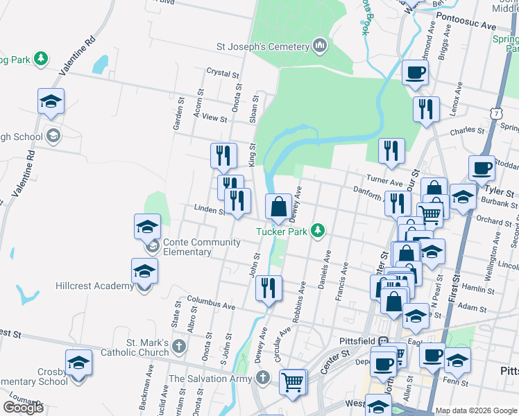 map of restaurants, bars, coffee shops, grocery stores, and more near 12 King Street in Pittsfield