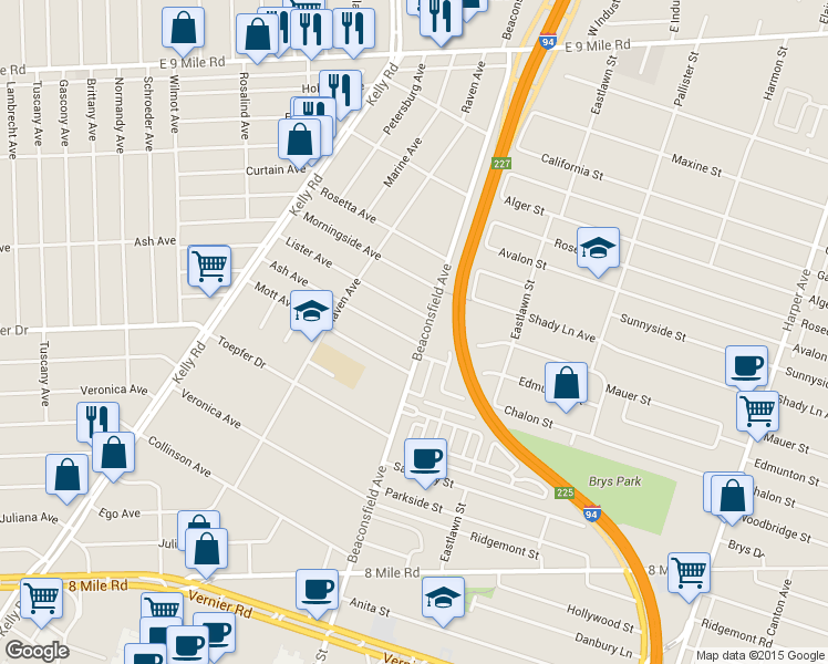 map of restaurants, bars, coffee shops, grocery stores, and more near 19145 Ash Avenue in Eastpointe