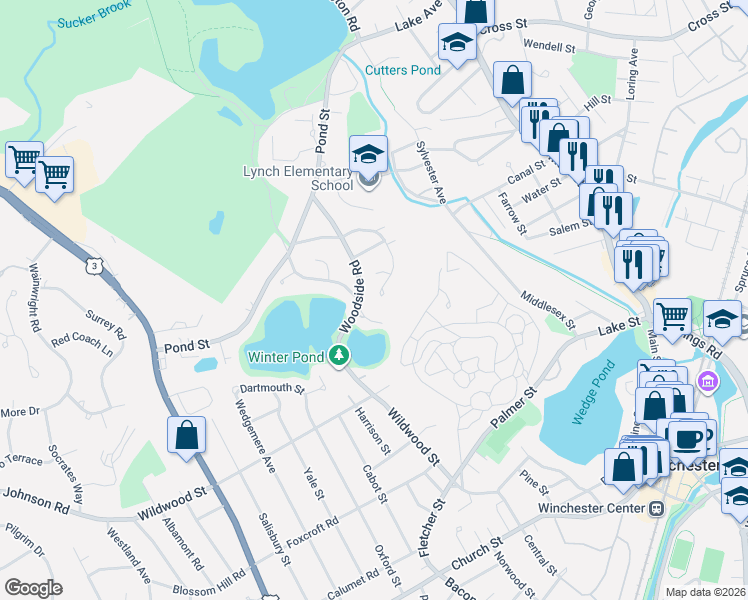 map of restaurants, bars, coffee shops, grocery stores, and more near 16 Ardley Place in Winchester