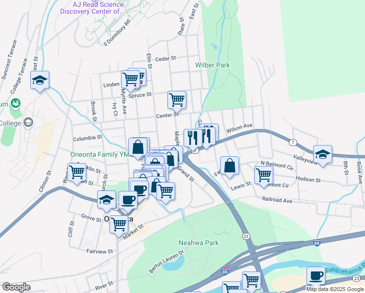map of restaurants, bars, coffee shops, grocery stores, and more near 6 Maple St in Oneonta