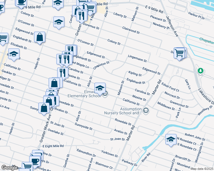 map of restaurants, bars, coffee shops, grocery stores, and more near 22715 Maxine Street in St. Clair Shores