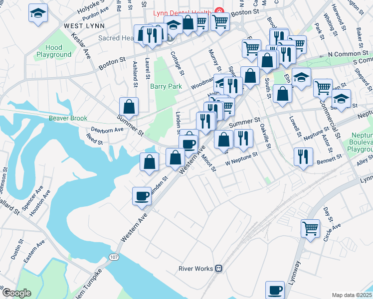 map of restaurants, bars, coffee shops, grocery stores, and more near 12-16 Burns Street in Lynn