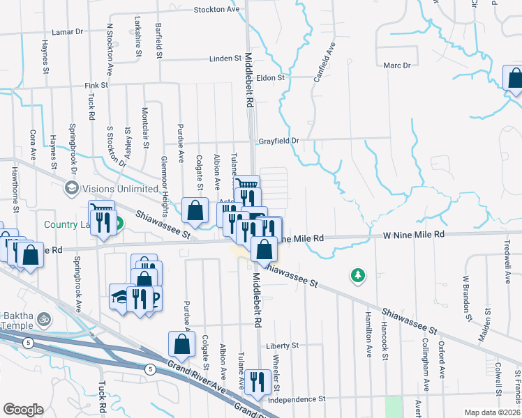 map of restaurants, bars, coffee shops, grocery stores, and more near G Street in Farmington Hills