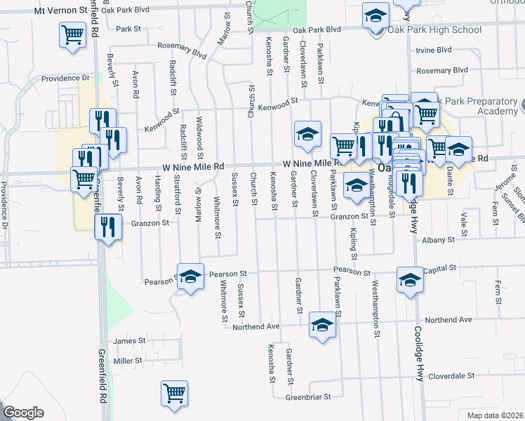 map of restaurants, bars, coffee shops, grocery stores, and more near 22020 Church Street in Oak Park