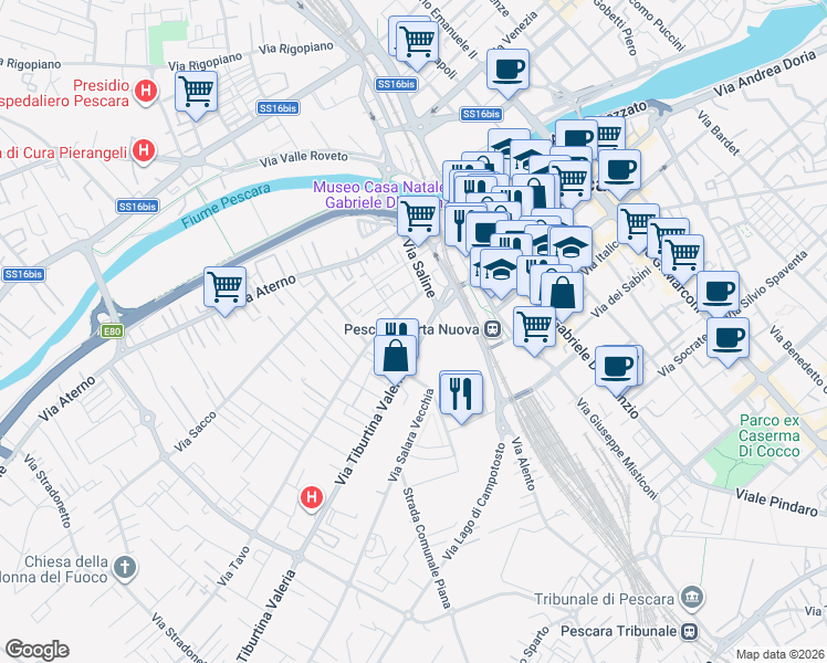 map of restaurants, bars, coffee shops, grocery stores, and more near 28 Via Tiburtina Valeria in Pescara