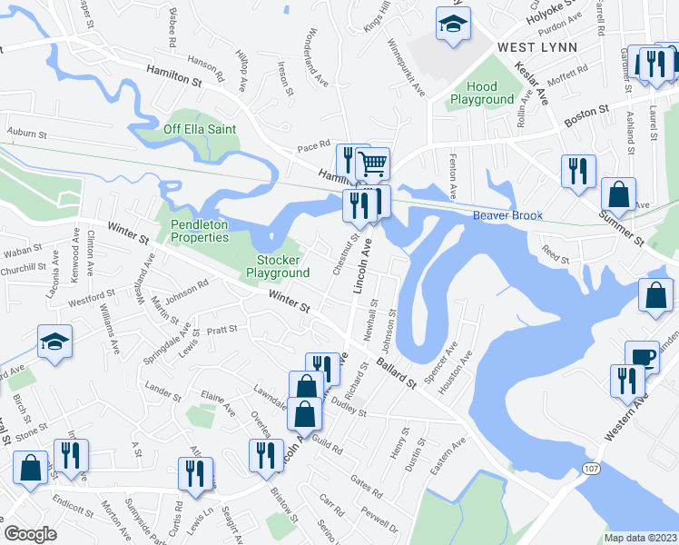 map of restaurants, bars, coffee shops, grocery stores, and more near 64 Chestnut Street in Saugus