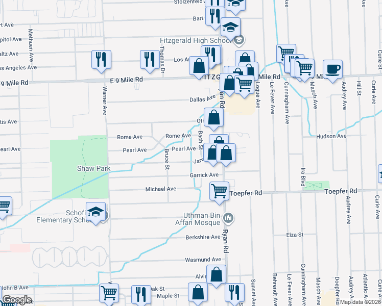 map of restaurants, bars, coffee shops, grocery stores, and more near 3808 Pearl Avenue in Warren