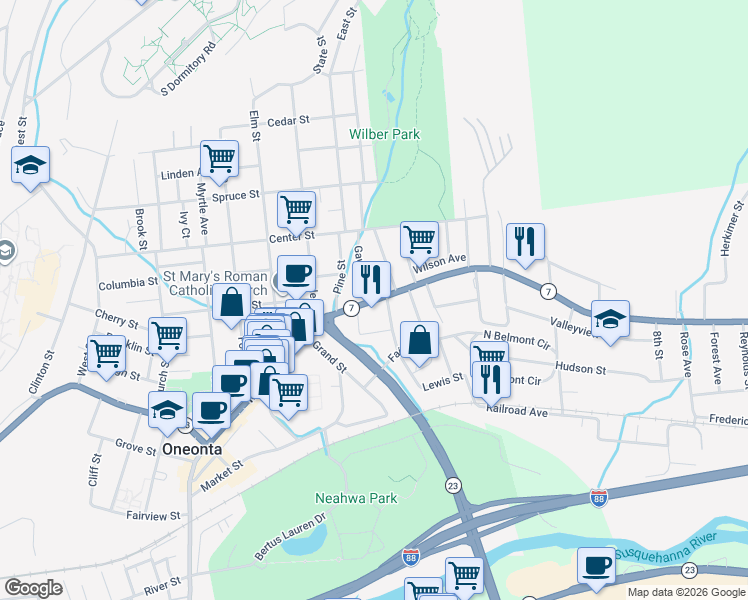 map of restaurants, bars, coffee shops, grocery stores, and more near Main Street & Gault Avenue in Oneonta