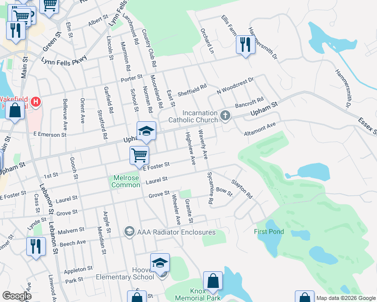 map of restaurants, bars, coffee shops, grocery stores, and more near 86 Highview Ave in Melrose