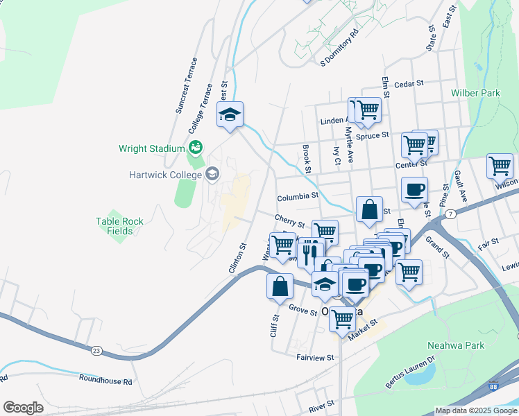 map of restaurants, bars, coffee shops, grocery stores, and more near 40 Cherry Street in Oneonta