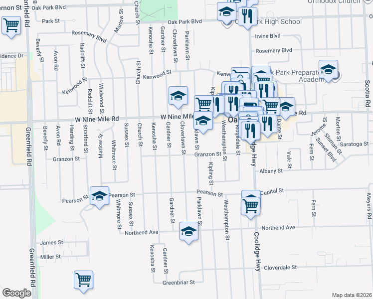 map of restaurants, bars, coffee shops, grocery stores, and more near 22020 Cloverlawn Street in Oak Park