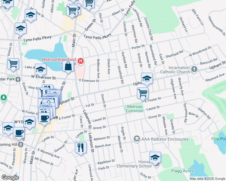 map of restaurants, bars, coffee shops, grocery stores, and more near 177 Upham Street in Melrose