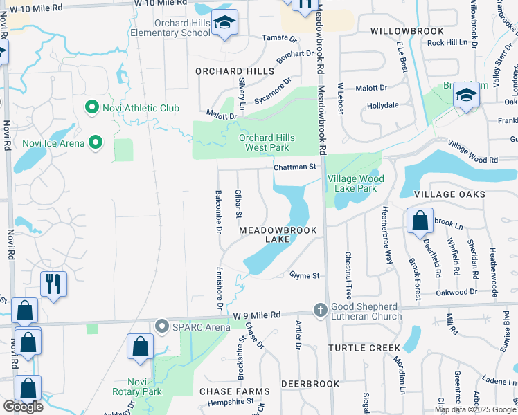 map of restaurants, bars, coffee shops, grocery stores, and more near 23217 Ennishore Drive in Novi