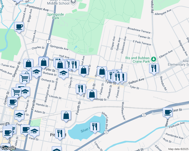 map of restaurants, bars, coffee shops, grocery stores, and more near 85 Brown Street in Pittsfield