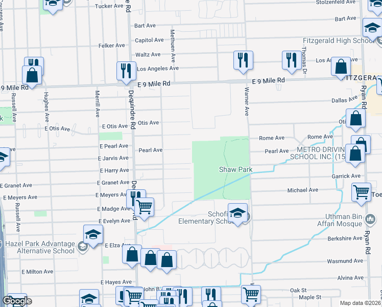 map of restaurants, bars, coffee shops, grocery stores, and more near 2208 Pearl Avenue in Warren