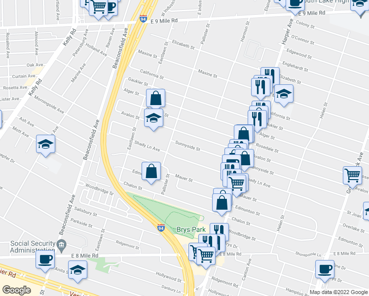 map of restaurants, bars, coffee shops, grocery stores, and more near 20224 Sunnyside Street in St. Clair Shores