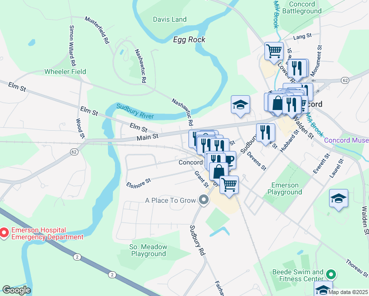 map of restaurants, bars, coffee shops, grocery stores, and more near 39 Cottage Lane in Concord