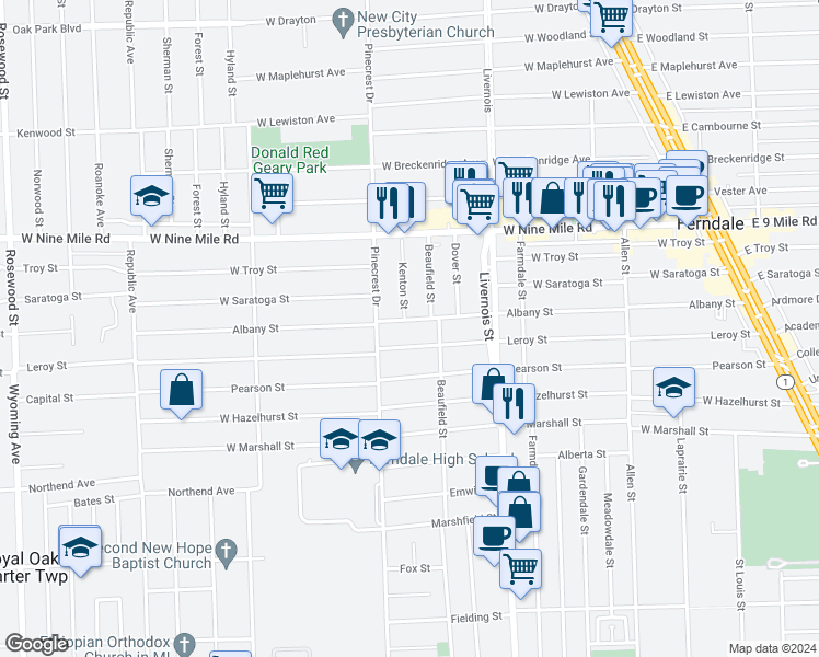map of restaurants, bars, coffee shops, grocery stores, and more near 1065 Albany Street in Ferndale