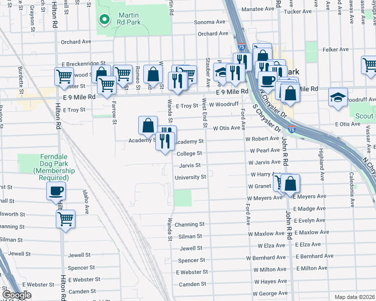 map of restaurants, bars, coffee shops, grocery stores, and more near 1783 College Street in Ferndale