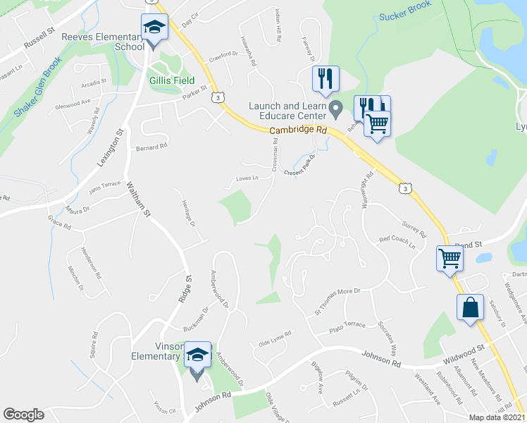 map of restaurants, bars, coffee shops, grocery stores, and more near 11 Crossman Road in Woburn