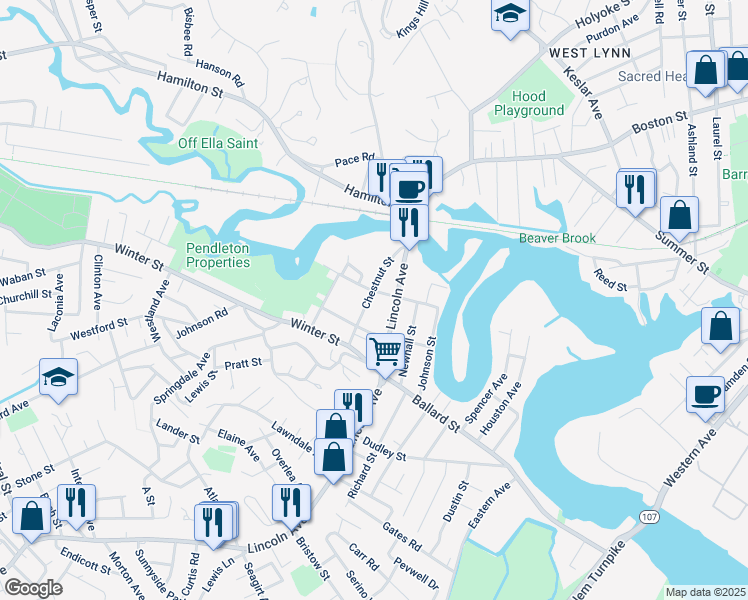 map of restaurants, bars, coffee shops, grocery stores, and more near 64 Chestnut Street in Saugus