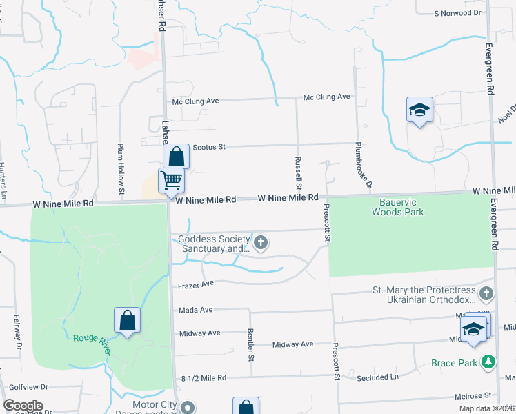 map of restaurants, bars, coffee shops, grocery stores, and more near 21439 West Nine Mile Road in Southfield