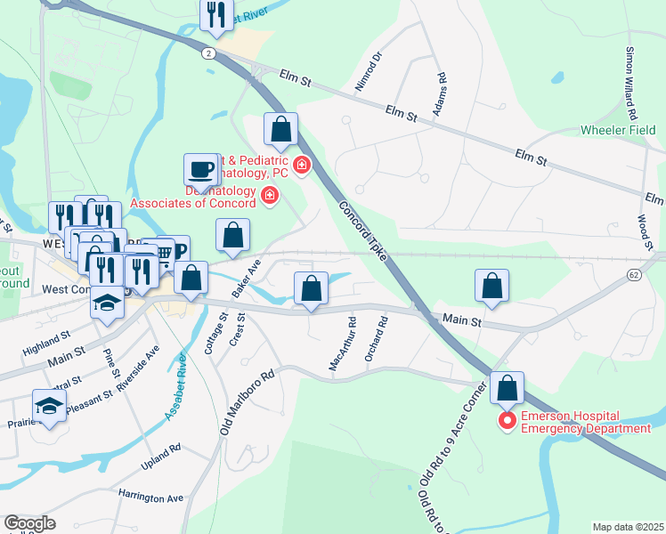 map of restaurants, bars, coffee shops, grocery stores, and more near 7 Concord Greene in Concord