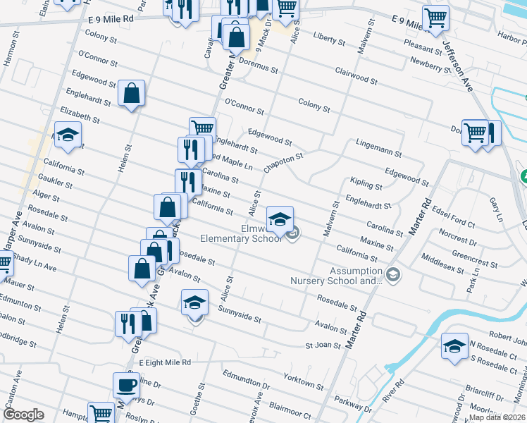 map of restaurants, bars, coffee shops, grocery stores, and more near 22630 Maxine Street in St. Clair Shores