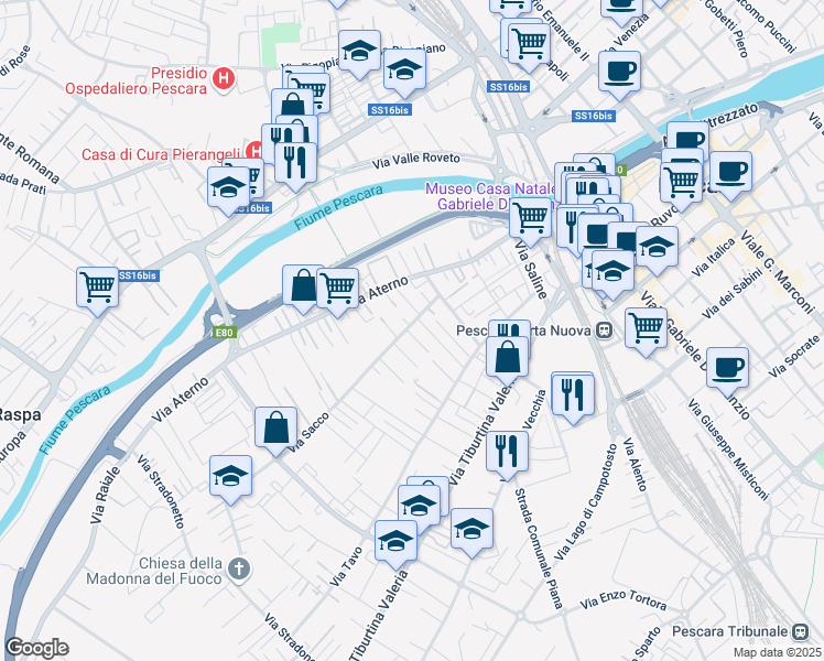 map of restaurants, bars, coffee shops, grocery stores, and more near 11 Via Sacco in Pescara