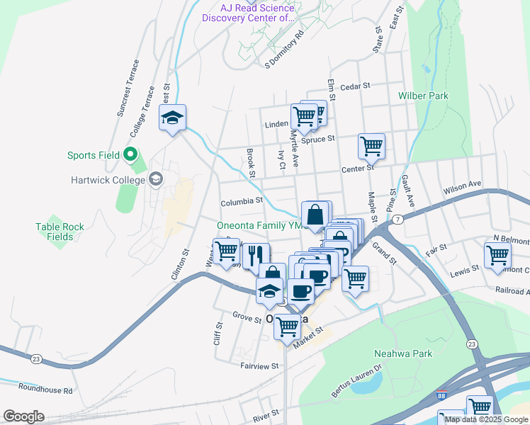 map of restaurants, bars, coffee shops, grocery stores, and more near Church Street & Birch Street in Oneonta