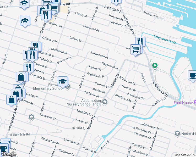 map of restaurants, bars, coffee shops, grocery stores, and more near 22966 Englehardt Street in St. Clair Shores