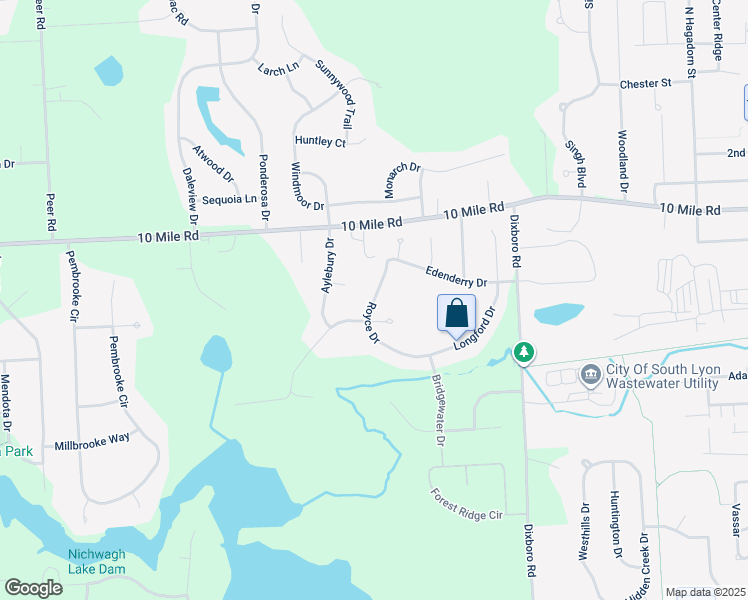 map of restaurants, bars, coffee shops, grocery stores, and more near 10281 Royce Dr in South Lyon