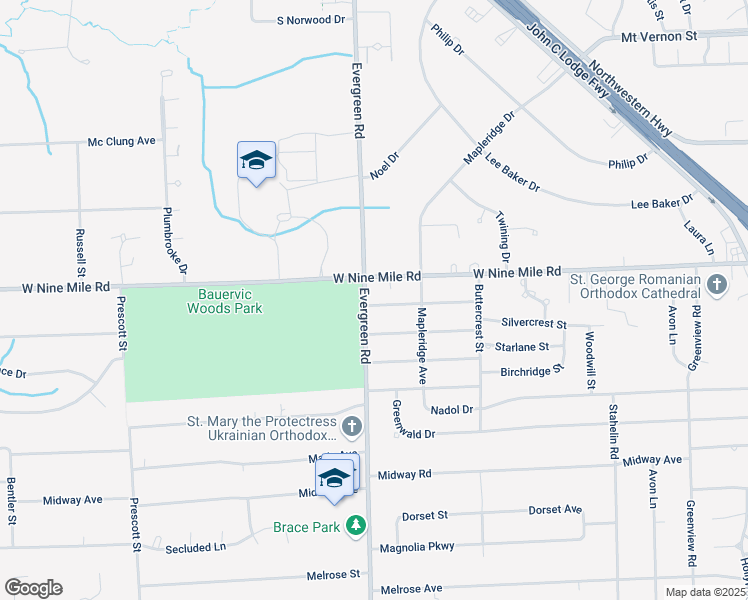 map of restaurants, bars, coffee shops, grocery stores, and more near 22930 Evergreen Road in Southfield
