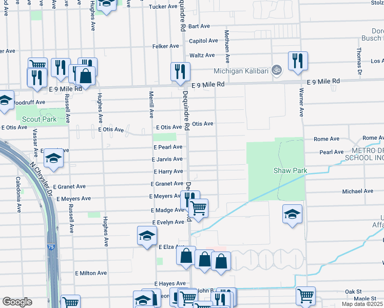 map of restaurants, bars, coffee shops, grocery stores, and more near 22000 Dequindre Road in Warren