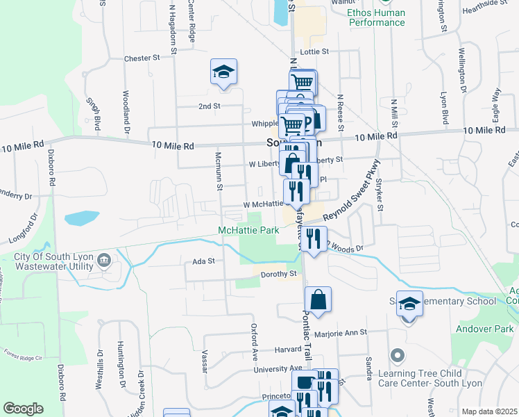 map of restaurants, bars, coffee shops, grocery stores, and more near 223 West McHattie Street in South Lyon
