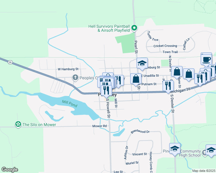 map of restaurants, bars, coffee shops, grocery stores, and more near 104 Putnam Street in Pinckney