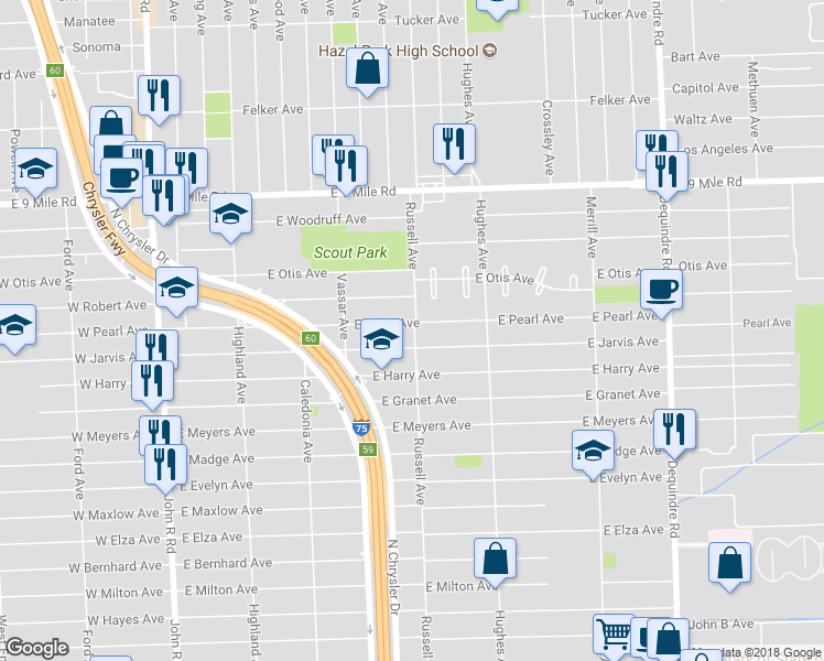 map of restaurants, bars, coffee shops, grocery stores, and more near 1040 East Pearl Avenue in Hazel Park