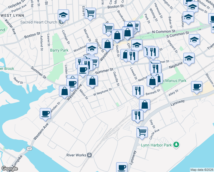 map of restaurants, bars, coffee shops, grocery stores, and more near 54 Orchard Street in Lynn