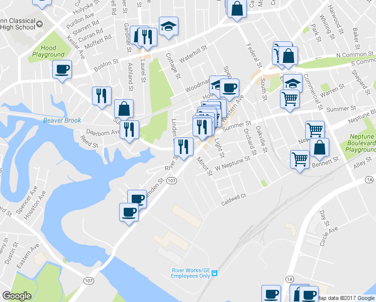 map of restaurants, bars, coffee shops, grocery stores, and more near 12-16 Burns Street in Lynn