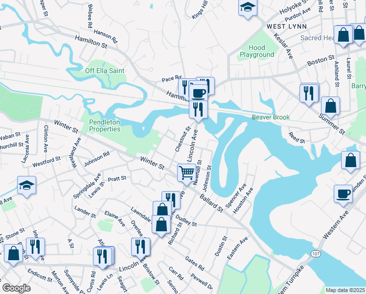 map of restaurants, bars, coffee shops, grocery stores, and more near 64 Chestnut Street in Saugus