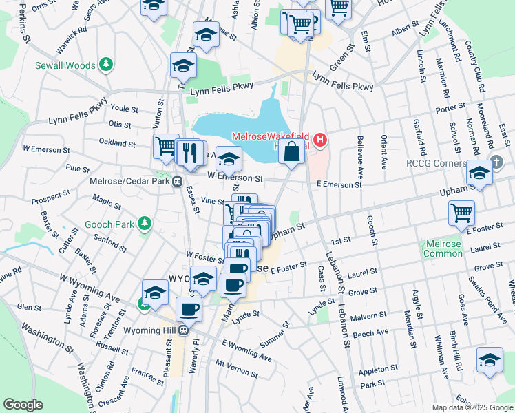 map of restaurants, bars, coffee shops, grocery stores, and more near 26 Winthrop Street in Melrose
