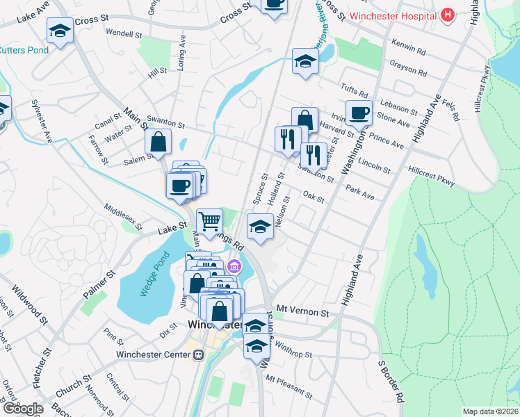 map of restaurants, bars, coffee shops, grocery stores, and more near 48-50 Spruce Street in Winchester