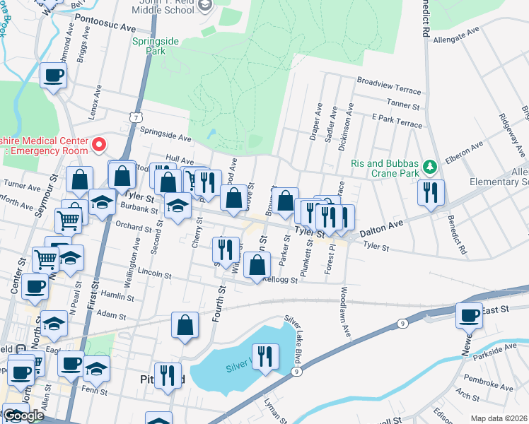 map of restaurants, bars, coffee shops, grocery stores, and more near 85 Brown Street in Pittsfield