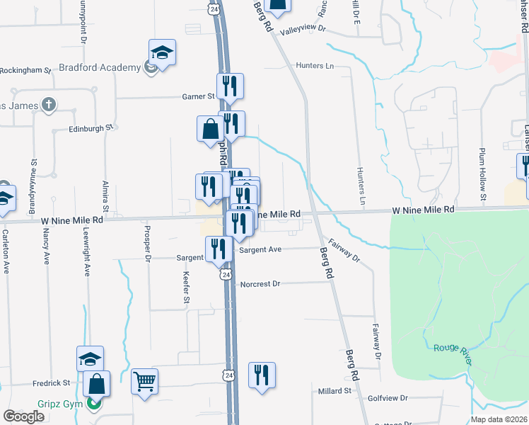 map of restaurants, bars, coffee shops, grocery stores, and more near 22580 Telegraph Road in Southfield