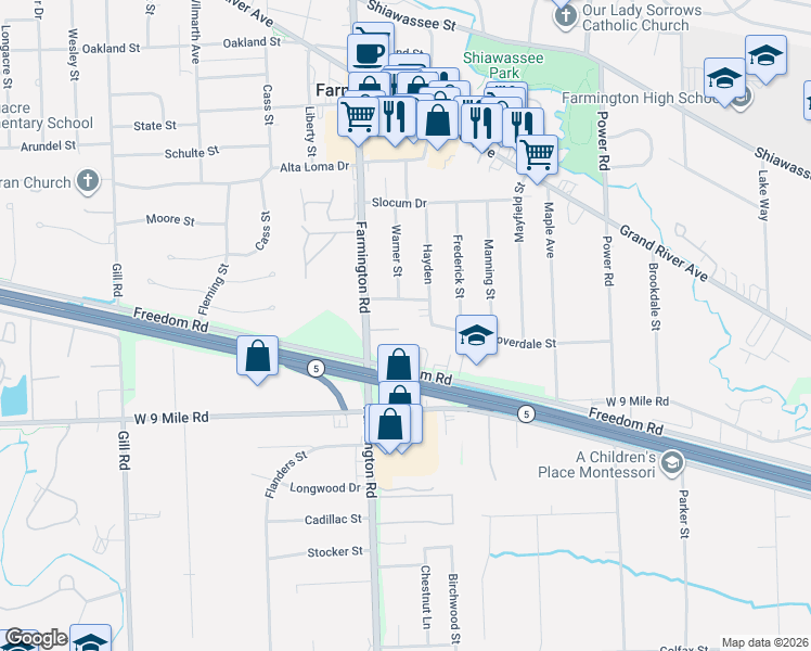 map of restaurants, bars, coffee shops, grocery stores, and more near 33234 Kingslane Court in Farmington
